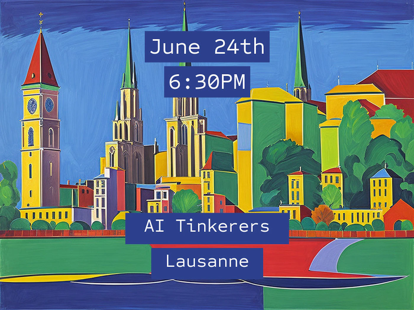 (Banner) A promotional banner featuring a bold, colorful, stylized illustration of a European cityscape, overlaid with event details for 'AI Tinkerers Lausanne' on 'June 24th' at '6:30PM'. Text: June 24th 6:30PM AI Tinkerers Lausanne bold, painterly, expressionistic style with high color saturation | Colors: #3366CC, #000080, #FFFF00, #FF0000 Note: The image is a graphic design combining a background illustration with prominently displayed, structured text intended to advertise or announce an event, fitting the definition of a banner or poster.