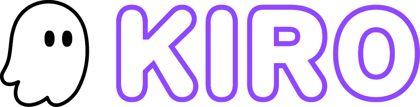 (Logo) A logo featuring a white ghost icon next to the word 'KIRO' in black letters with a purple outline, set against a solid black background. Text: KIRO Colors: #FFFFFF, #000000, #7F3CF2 Note: The image combines a stylized icon (a ghost) with a brand name, which is characteristic of a logo design intended for brand identification.