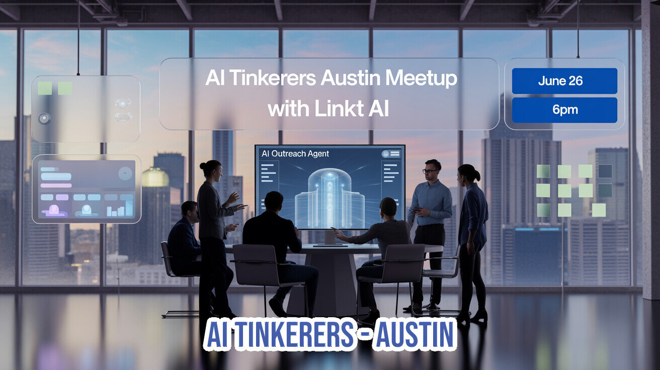 A promotional digital banner advertising the AI Tinkerers Austin Meetup with Linkt AI, set against a futuristic office background overlooking a city skyline.. Text: AI Tinkerers Austin Meetup with Linkt AI
June 26
6pm
AI Outreach Agent
AI TINKERERS - AUSTIN