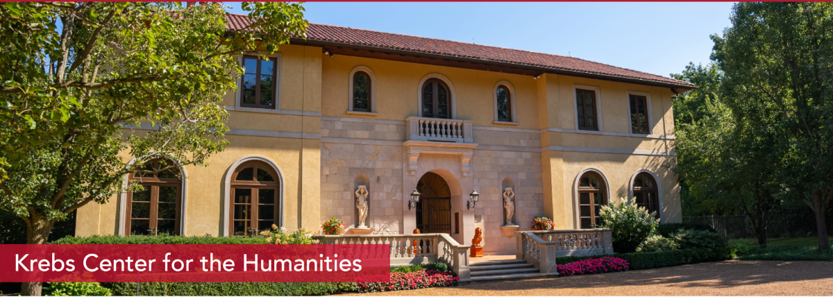 (Photo) The image displays a large, ornate building with a light yellow facade, a red-tiled roof, and arched windows, surrounded by lush green trees and landscaping under a clear blue sky. A red banner at the bottom of the image identifies the building as the 'Krebs Center for the Humanities'. Text: Krebs Center for the Humanities building, architecture, landscape | outdoor, daytime | Mediterranean/Italianate architectural style, stone facade, arched windows, statues flanking the entrance, lush green trees and shrubs, red banner with text. | architectural photography, informational | Colors: #E8D3A8, #D4C09B, #8B0000, #5F8B33, #6B9FD8 Note: This image is categorized as a 'photo' because it is a realistic photographic capture of a physical building and its surroundings. The text overlay serves as an informational caption for the photograph rather than being the primary visual element.