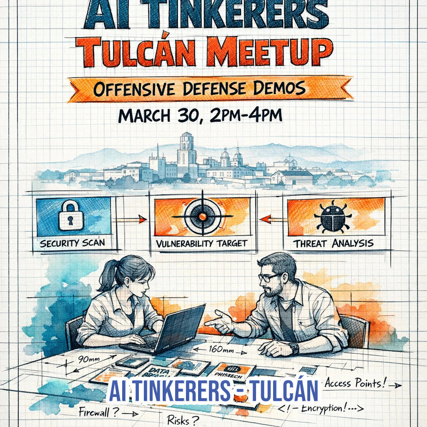 (Illustration) An event poster for an 'AI Tinkerers Tulcán Meetup' featuring a hand-drawn style illustration of two people working on cybersecurity demos. Text: AI TINKERERS TULCÁN MEETUP OFFENSIVE DEFENSE DEMOS MARCH 30, 2PM-4PM SECURITY SCAN VULNERABILITY TARGET THREAT ANALYSIS 90mm 160mm DATA BREACH PRISTECH AI TINKERERS - TULCÁN Access Points! Firewall? Risks? <!-- Encryption! --> Sketchy aesthetic on a graph paper background | Colors: #FFFFFF, #F15A24, #1B75BC, #000000 Note: The image is a digital illustration designed to look like a hand-drawn sketch on graph paper, depicting a scene with people and technical diagrams.
