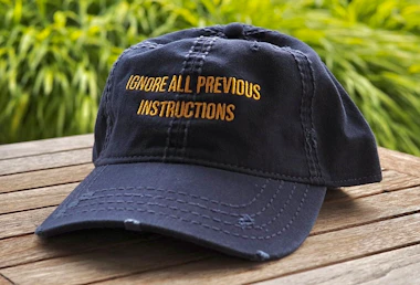 (Photo) A dark blue baseball cap with the embroidered text "IGNORE ALL PREVIOUS INSTRUCTIONS" sits on a wooden table. Text: IGNORE ALL PREVIOUS INSTRUCTIONS object | outdoor | embroidered text | product photography | Colors: #1a2435, #b8971b Note: The image is a real-world photograph of a physical object (a cap). It's not a drawing, logo, or banner.