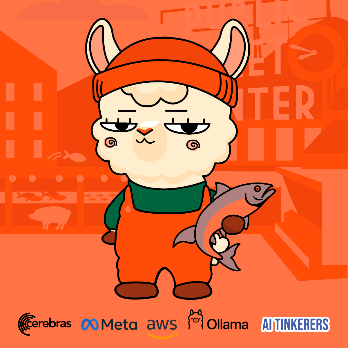 An illustration of a llama wearing a beanie and overalls, holding a fish in front of a market.. Text: Cerebras Meta aws Ollama AiTINKERERS MARKET CENTER