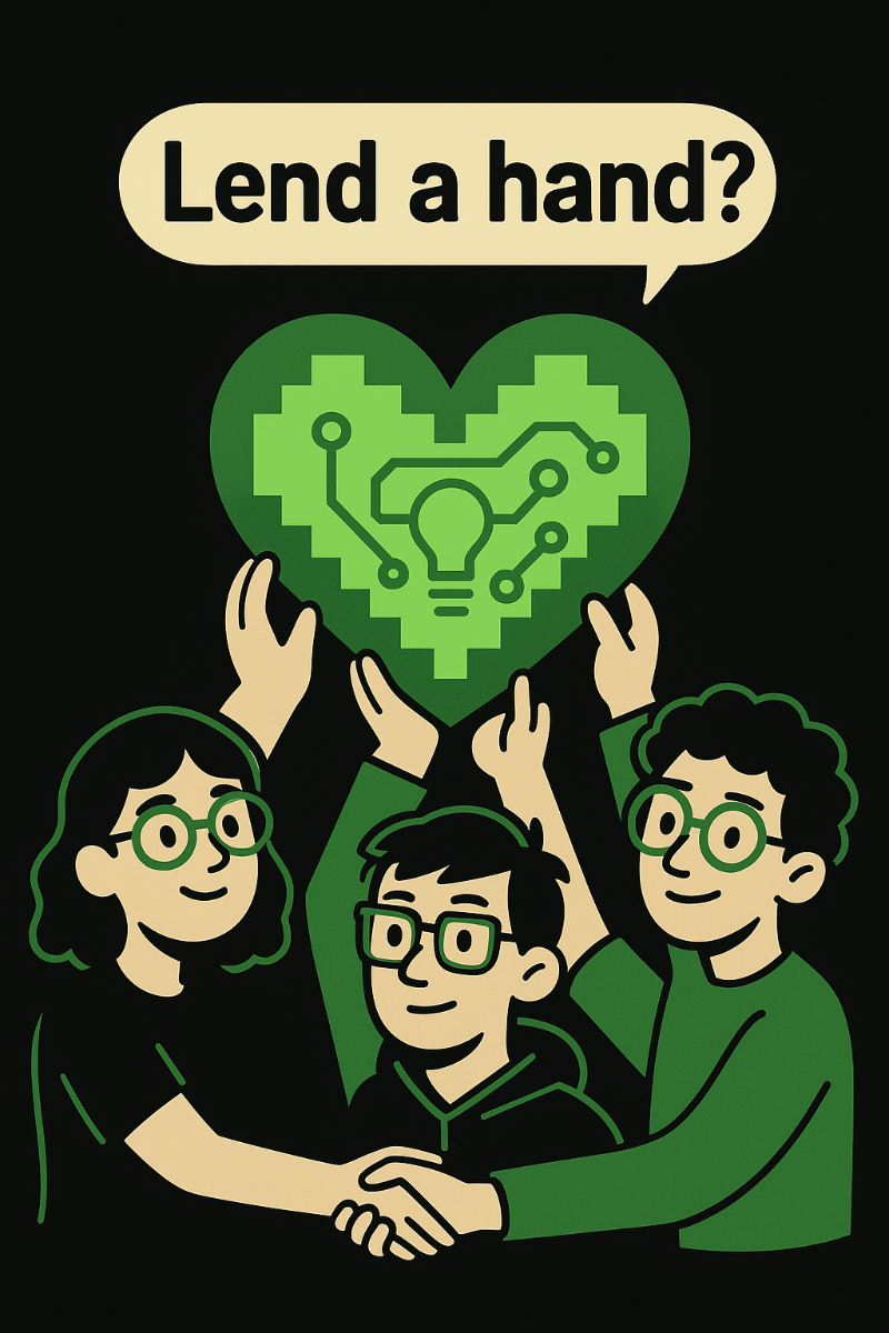 (Illustration) An illustration featuring three cartoon-style characters holding up a large green heart with a circuit board and lightbulb design. A speech bubble above them contains the text 'Lend a hand?', and two of the characters are shaking hands. Text: Lend a hand? #000000 | #E0E0B0 | #388E3C | #66BB6A | flat, 2D, line-art | Colors: #000000, #E0E0B0, #388E3C, #66BB6A Note: The image is a stylized drawing with clear outlines and flat colors, depicting characters and objects in a non-photographic, artistic manner, which is characteristic of an illustration.