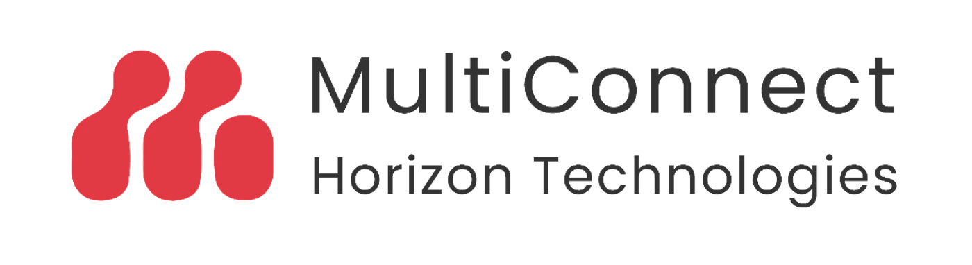 (Logo) A logo featuring a red abstract symbol resembling interconnected shapes, positioned to the left of the company name 'MultiConnect' and tagline 'Horizon Technologies'. The entire logo is set against a black background. Text: MultiConnect Horizon Technologies Colors: #E62020, #555555, #000000 Note: The image clearly presents a stylized graphic element combined with textual brand information, designed for identification and branding purposes, which is the primary characteristic of a logo.