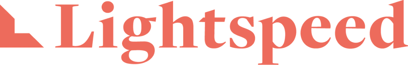 (Logo) The image displays the word 'Lightspeed' in a coral-colored serif font, accompanied by a stylized geometric 'L' shape to its left, all set against a solid black background. Text: Lightspeed Colors: #E87460, #000000 Note: This image is categorized as a logo because it features a distinct brand name ('Lightspeed') alongside a unique graphic element, designed for brand identification and recognition.
