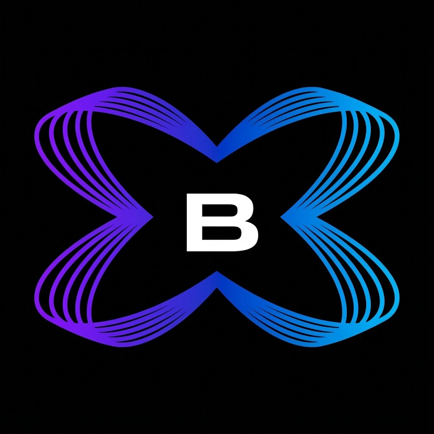 (Logo) A white letter 'B' centered within a stylized, X-shaped graphic composed of blue and purple gradient lines on a black background. Text: B Colors: #000000, #FFFFFF, #00AEEF, #662D91 Note: The image features a central character surrounded by a distinct, stylized graphic element on a solid background, which is characteristic of a logo design.