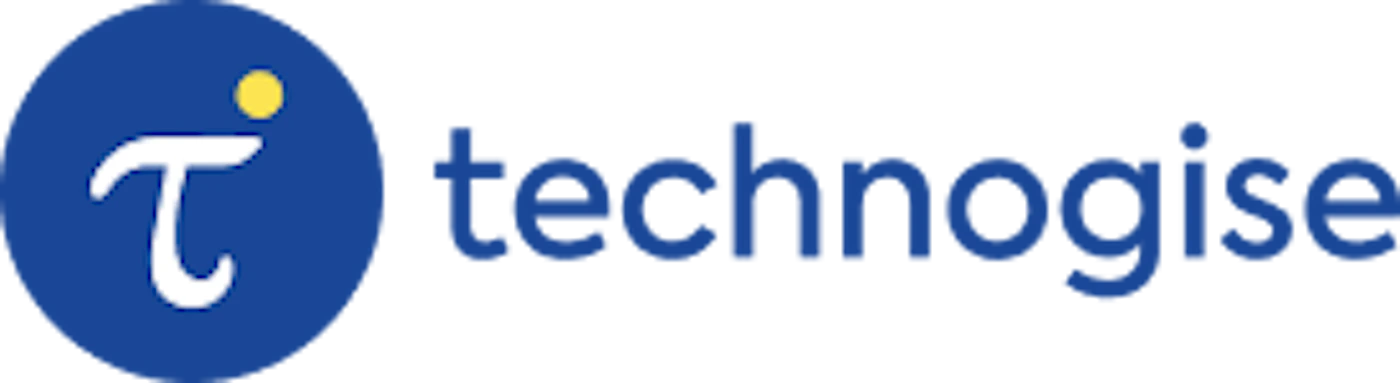 (Logo) A corporate logo featuring a blue circle with a white Greek letter Tau and a small yellow dot above it, positioned to the left of the word "technogise" written in a matching blue sans-serif font. The entire logo is set against a black background. Text: technogise Colors: #2854b7, #ffffff, #fdd835, #000000 Note: The image clearly presents a stylized graphic combined with a brand name, designed to represent a company or product, which is the definition of a logo.