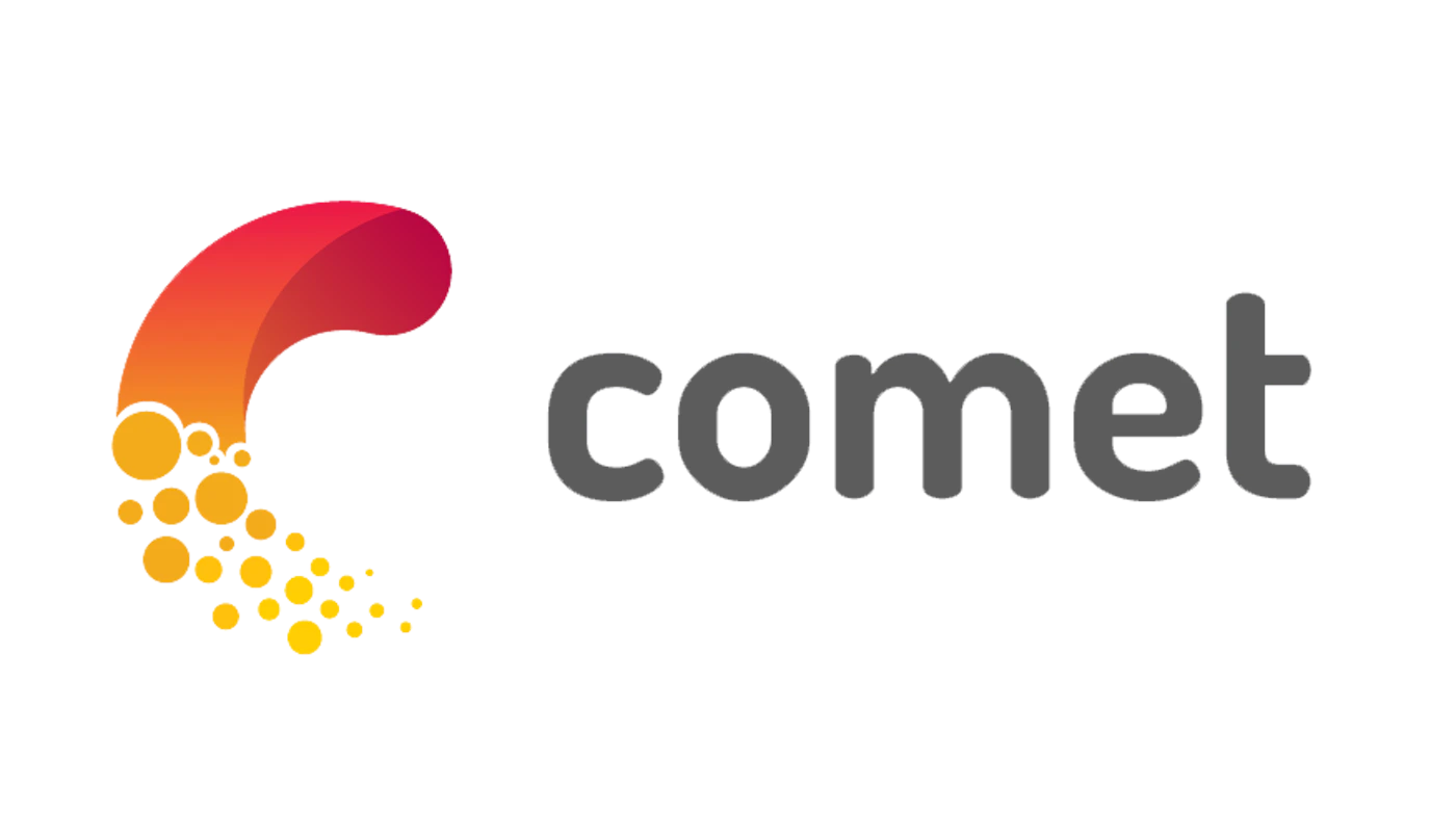 (Logo) A logo for 'comet' featuring a stylized graphic element resembling a comet's tail or the letter 'C' in a red-orange gradient with trailing yellow circles, set against a black background. Text: comet Colors: #C00000, #FF6600, #FFC000, #666666 Note: The image clearly functions as a brand identifier, combining a unique graphic mark with a company name, which is the defining characteristic of a logo.