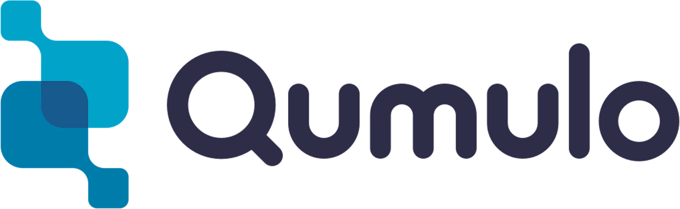 (Logo) The logo for Qumulo, featuring a stylized blue and teal geometric icon next to the brand name in a dark navy sans-serif font, set against a solid black background. Text: Qumulo Colors: #00A9CE, #0076A8, #2D2942, #000000 Note: The image displays a brand name paired with a unique graphic mark, which is the standard format for a corporate logo.