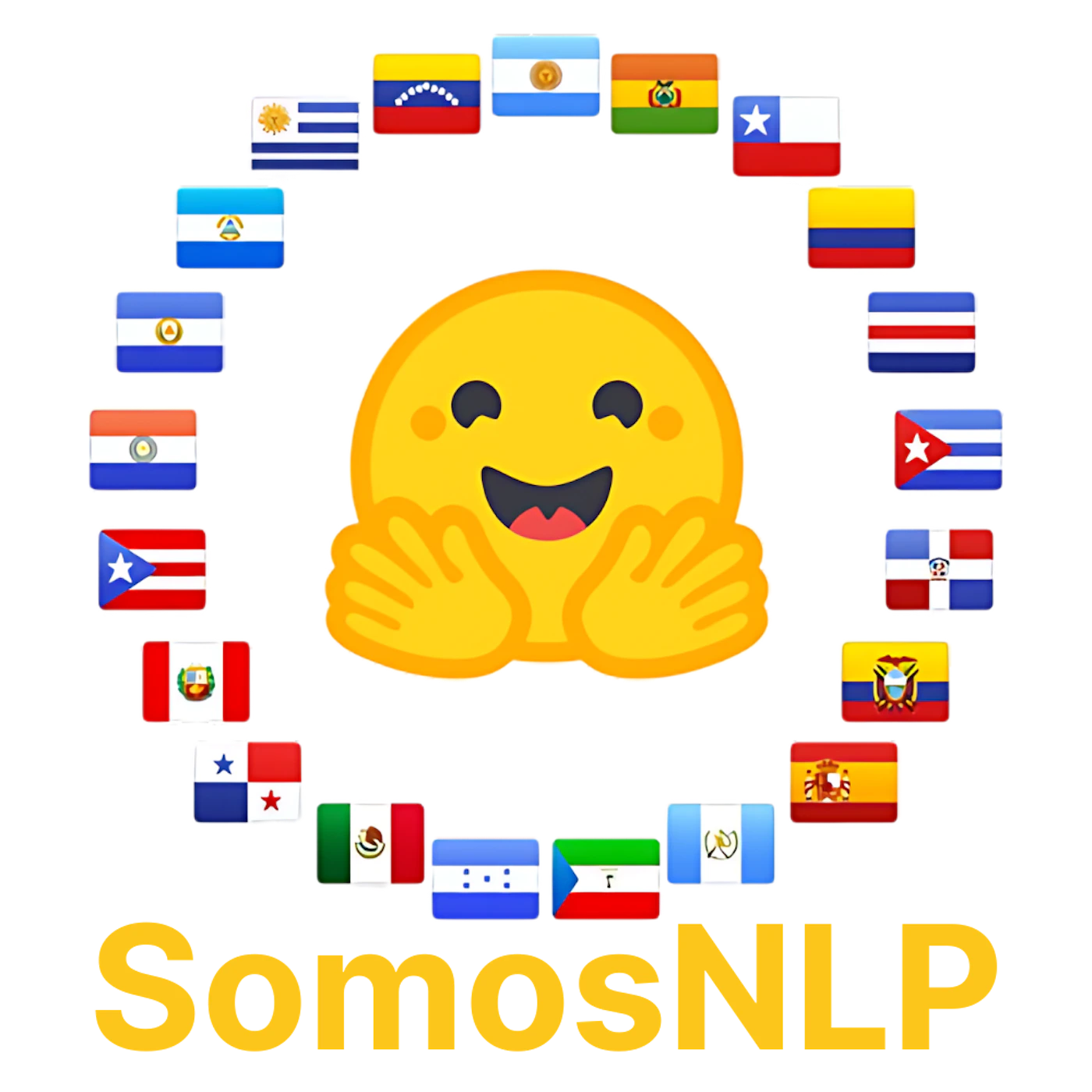 (Logo) A vibrant logo featuring a large yellow emoji face with outstretched hands, encircled by a ring of various country flags. The text 'SomosNLP' is prominently displayed below the central graphic. Text: SomosNLP Colors: #FDD835, #0072CE, #D42027 Note: The image combines a distinct graphic element (emoji and flags) with a specific name ('SomosNLP'), indicating it serves as an identifier for an organization or initiative, which is characteristic of a logo.