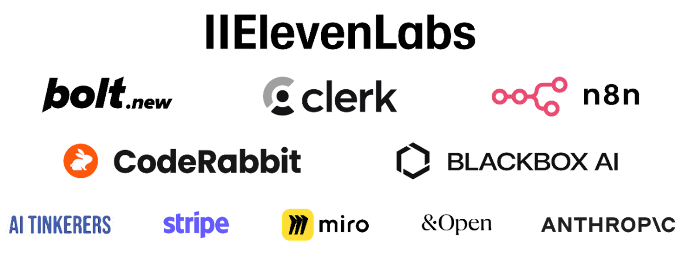 (Logo) A collection of various technology and AI company logos displayed in rows against a solid black background. Text: bolt clerk n8n CodeRabbit BLACKBOX AI AI TINKERERS stripe ANTHROPIC Colors: #000000, #222222, #FF6600, #FF4081, #6A5ACD, #FFFFFF Note: The image consists entirely of multiple distinct corporate logos and brand marks, typically used to represent partnerships or affiliations.