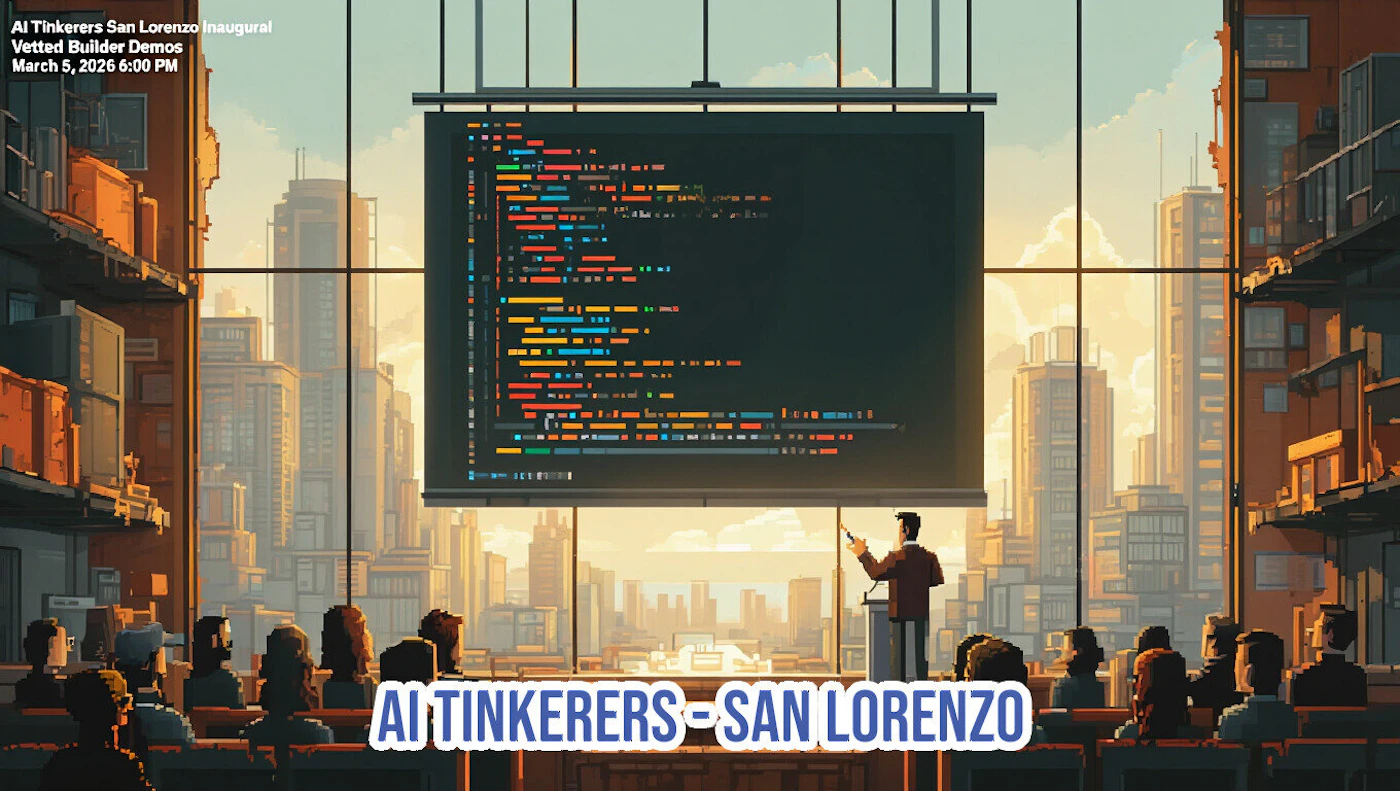(Illustration) A digital illustration in a pixel art style depicting a technical presentation event (AI Tinkerers San Lorenzo) taking place indoors, featuring a speaker pointing at a large screen displaying colorful code, with an audience seated below and a city skyline visible through large windows. Text: AI Tinkerers San Lorenzo Inaugural Vetted Builder Demos March 5, 2026 6:00 PM AI TINKERERS-SAN LORENZO Flat, pixelated | Colors: #8B4513 Note: The image is a digitally created scene rendered in a distinct, blocky, low-resolution style (pixel art), which classifies it as an illustration rather than a photograph.