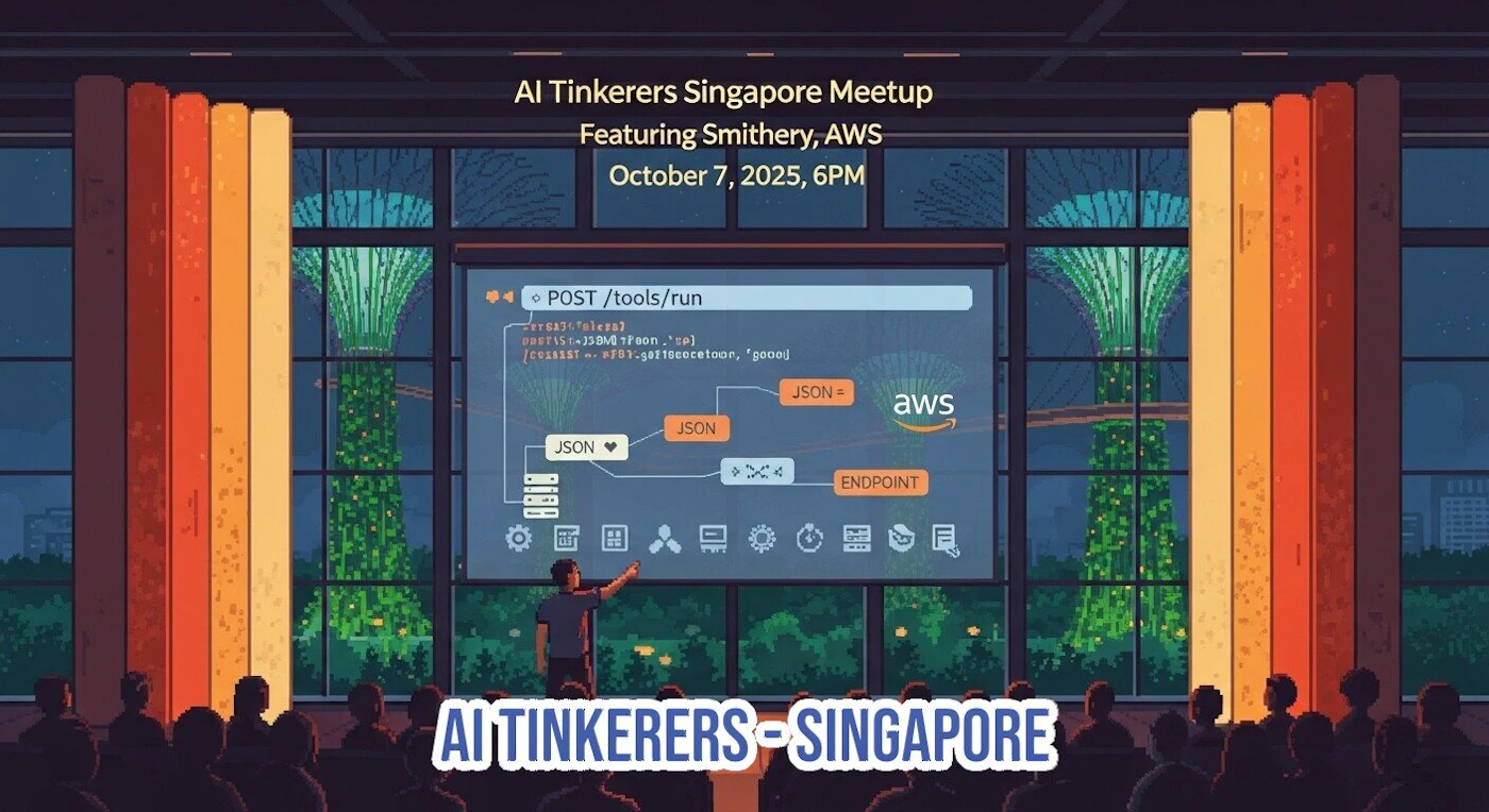 (Illustration) A pixel-art illustration depicting an AI Tinkerers meetup presentation in Singapore, showing a speaker addressing an audience in a dark room with a large screen displaying technical code and diagrams, set against a backdrop featuring the illuminated Supertrees through the windows. Text: AI Tinkerers Singapore Meetup Featuring Smithery, AWS October 7, 2025, 6PM POST /tools/run [error: <false>] [prefix: <SSMBG> Poon. "o"] [/ASSIST - #F03.galttoocetoor, "goool"] JSON aws ENDPOINT AI TINKERERS - SINGAPORE Flat, 2D, retro computing aesthetic | Colors: #1a232e Note: The image is a piece of digital art rendered in a distinct pixel-art style, depicting a scene rather than being a photograph or a simple graphic design (like a logo or banner).