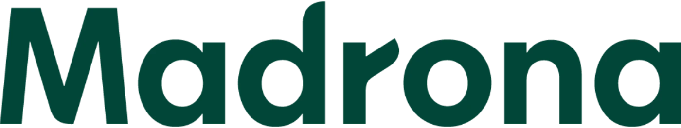 (Logo) The image displays the word "Madrona" in a dark green, sans-serif font against a solid black background. Text: Madrona Colors: #1D4D3F, #000000 Note: The image consists solely of a stylized wordmark, which is characteristic of a text-based logo designed to represent a brand or entity.