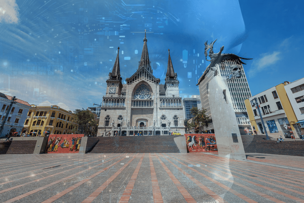A photo of a city square with a large church and a statue, overlaid with a translucent image of a face and digital circuit patterns.