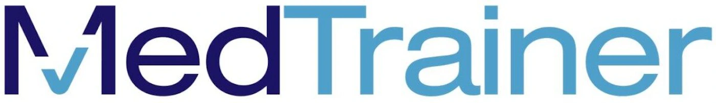 (Logo) A logo for 'MedTrainer' featuring dark blue and light blue text on a white background, with a checkmark integrated into the letter 'M'. Text: MedTrainer Colors: #1a1a6b, #5dade2, #ffffff Note: The image displays a stylized brand name with a specific color scheme and an integrated graphic element, which is characteristic of a corporate logo.