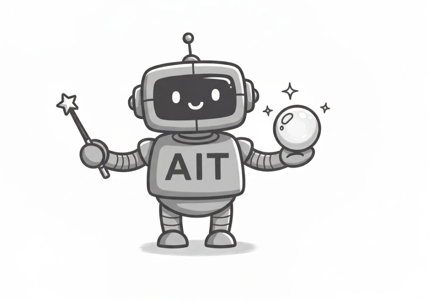 (Logo) A cute, grayscale cartoon robot character is depicted holding a star-tipped magic wand in its left hand and a sparkling, glowing orb in its right hand. The letters 'AIT' are prominently displayed on its chest. Text: AIT Colors: #222222, #888888, #FFFFFF Note: The image features a stylized character with prominent text ('AIT') on its body, designed in a simple, memorable, and distinctive way, which is characteristic of a brand identifier or mascot.