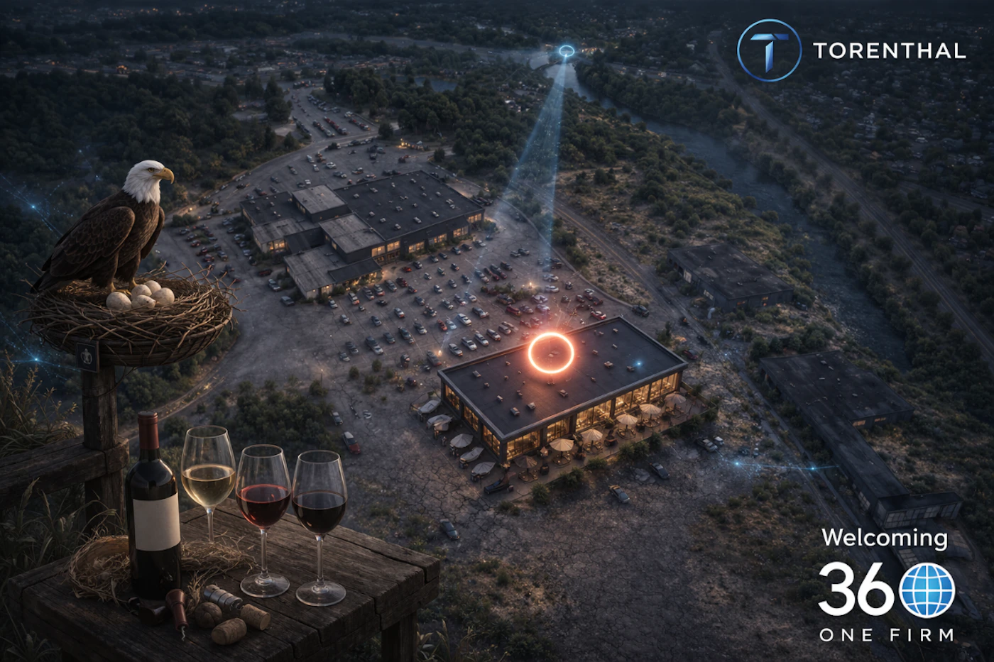 (Illustration) A cinematic digital composite showing an aerial view of a building complex at dusk, featuring a bald eagle in its nest and wine on a table in the foreground, with glowing blue and orange light effects. Text: TORENTHAL Welcoming 360 ONE FIRM Cinematic and surreal | Colors: #1a1a1b, #ff7e33, #4a90e2, #ffffff Note: This is a complex digital composite that combines photographic elements with surreal glowing effects and graphic design for promotional purposes.