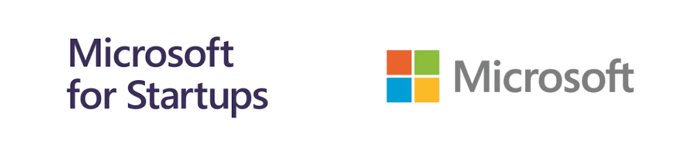 (Logo) The image displays two distinct Microsoft logos on a white background. On the left, 'Microsoft for Startups' is shown in dark purple text. On the right, the standard Microsoft logo features its iconic four-colored square symbol (red, green, blue, yellow) followed by 'Microsoft' in grey text. Text: Microsoft for Startups Microsoft Colors: #3F3C64, #F25022, #7FBA00, #00A4EF, #FFB900, #737373 Note: The image displays two distinct branding elements for Microsoft, both featuring the company's name and associated visual identifiers, which is characteristic of a logo.