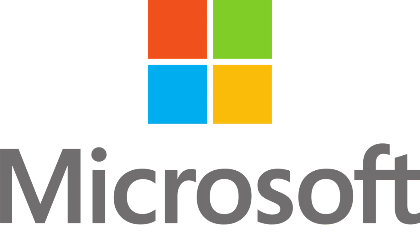 (Logo) A logo featuring the word "Microsoft" in gray text, positioned below a graphic symbol composed of four colored squares: red, green, blue, and yellow. The logo is set against a solid black background. Text: Microsoft Colors: #666666, #F25022, #7FBA00, #00A4EF, #FFB900 Note: The image is a clear representation of a brand's identity, combining a wordmark with a distinctive graphic element, which is the primary characteristic of a logo.