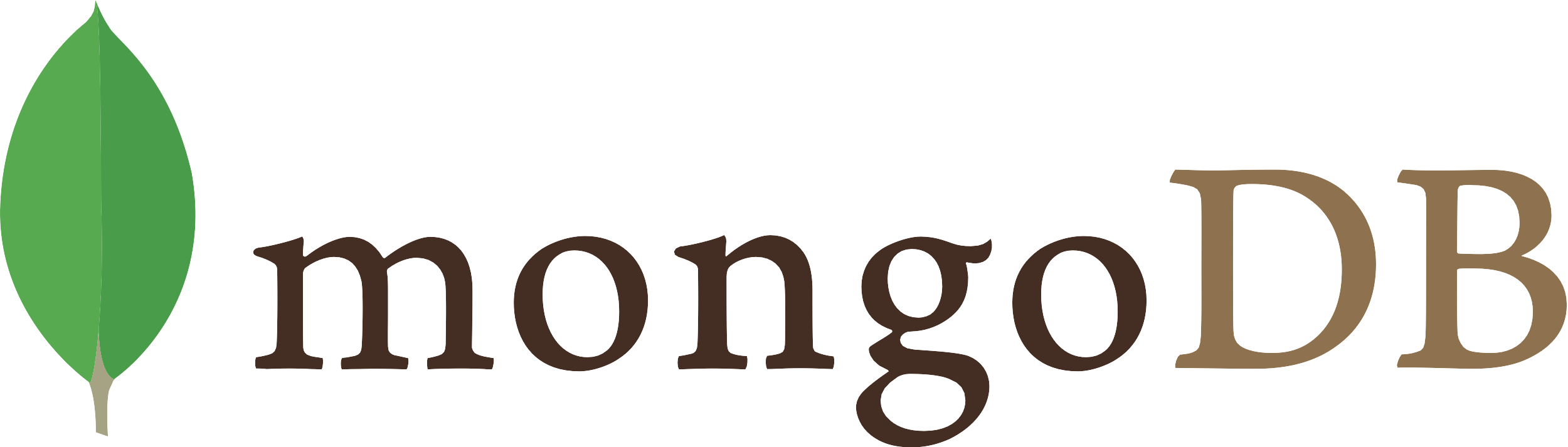 (Logo) A logo featuring a stylized green leaf icon to the left of the brand name 'mongoDB', with 'mongo' in dark brown text and 'DB' in a lighter brown text on a white background. Text: mongoDB Colors: #60A04A, #4A3528, #8A7258, #FFFFFF Note: The image consists of a distinctive graphic symbol (a leaf) combined with a stylized brand name ('mongoDB'), which are characteristics of a corporate or product logo designed for brand identification.