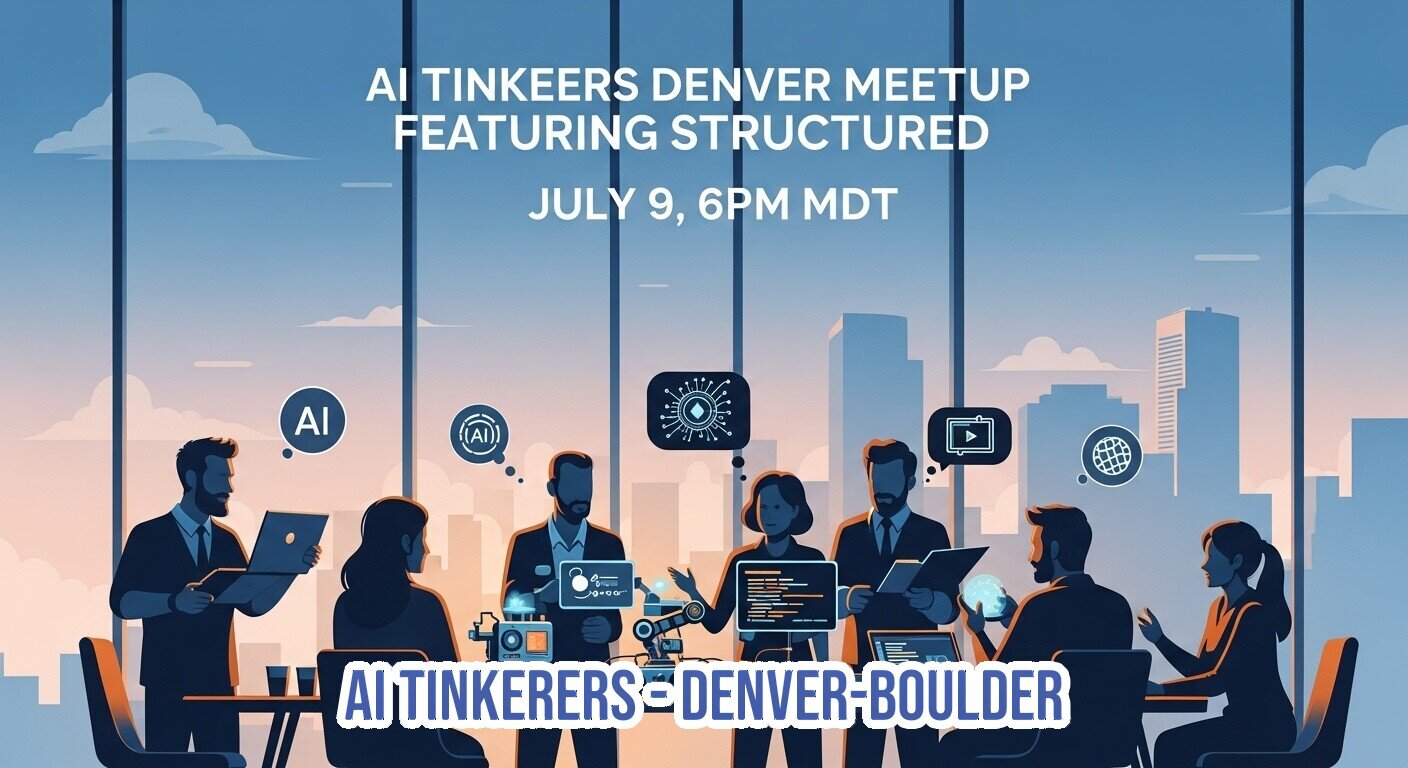 An illustrated banner advertising an 'AI TINKEERS DENVER MEETUP' featuring a group of people in an office setting with a city skyline view, surrounded by technology-related icons.. Text: AI TINKEERS DENVER MEETUP
FEATURING STRUCTURED
JULY 9, 6PM MDT
AI TINKERERS DENVER-BOULDER