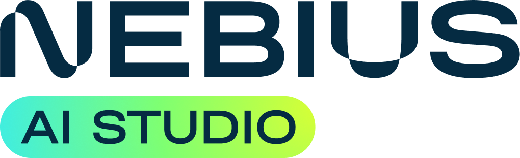 (Logo) The image displays a logo featuring the word 'NEBIUS' in a dark blue, stylized font, positioned above 'AI STUDIO' which is set within a rounded rectangular shape with a vibrant green to blue gradient. Text: NEBIUS AI STUDIO Colors: #1a344d, #33cc99, #3399cc Note: The image is clearly a brand identifier, featuring a stylized company name ('NEBIUS') and a related product/service name ('AI STUDIO') with distinct typography and a specific color palette, which are characteristics of a logo.