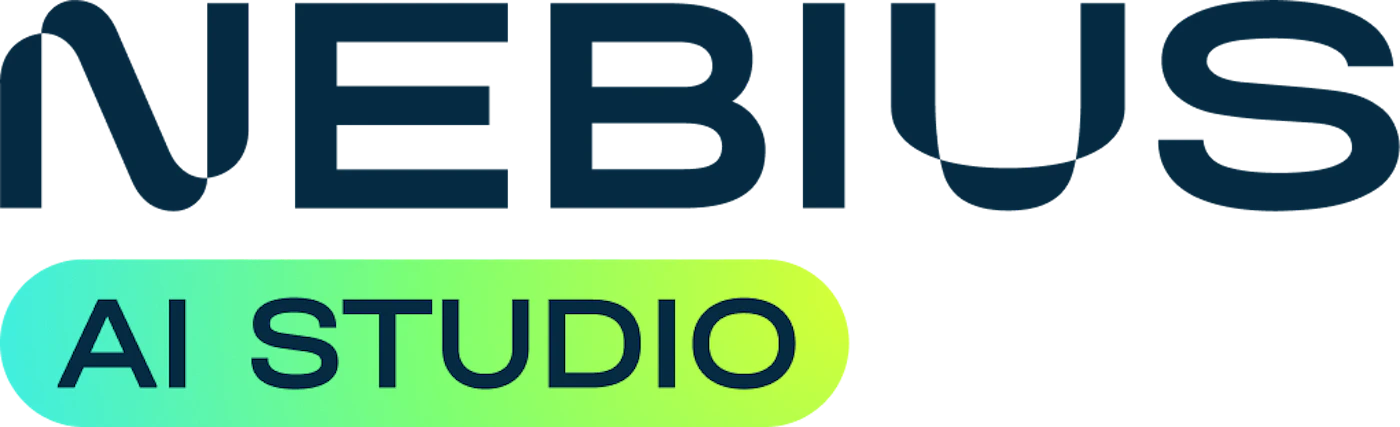 (Logo) The image displays a logo featuring the word 'NEBIUS' in a dark blue, stylized font, positioned above 'AI STUDIO' which is set within a rounded rectangular shape with a vibrant green to blue gradient. Text: NEBIUS AI STUDIO Colors: #1a344d, #33cc99, #3399cc Note: The image is clearly a brand identifier, featuring a stylized company name ('NEBIUS') and a related product/service name ('AI STUDIO') with distinct typography and a specific color palette, which are characteristics of a logo.