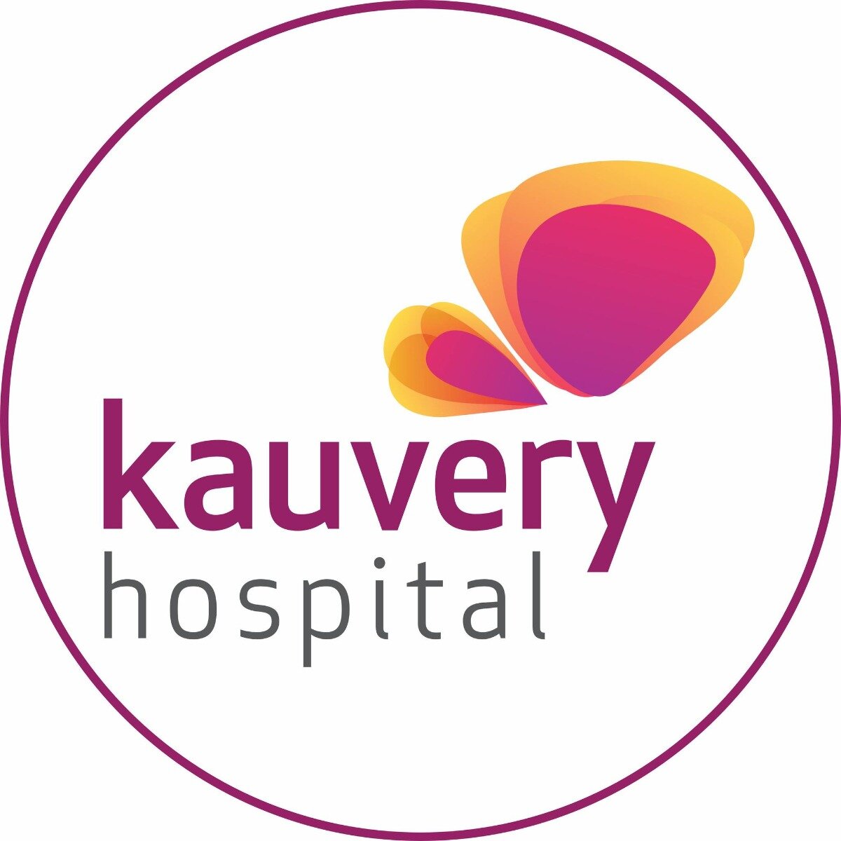 (Logo) A logo for 'Kauvery Hospital' featuring an abstract graphic element resembling overlapping fluid shapes in orange and pink gradients, with the brand name text below, all enclosed within a thin purple circular outline on a white background. Text: kauvery hospital Colors: #802D7E, #656565, #F7A627, #D5368F, #FFFFFF Note: The image is a distinct graphic mark combined with text, designed to identify a specific organization ('Kauvery Hospital'). This clearly fits the definition and purpose of a logo.