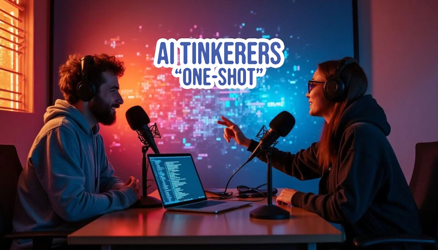 (Banner) Two people are recording a podcast or other audio content, sitting at a table with microphones and a laptop. Text: AI TINKERERS "ONE-SHOT" modern, tech-focused | Colors: #28298A, #F25C05, #05D3F2 Note: The image appears to be promotional material, likely a banner for a podcast or online show called "AI Tinkerers", featuring the title prominently displayed.