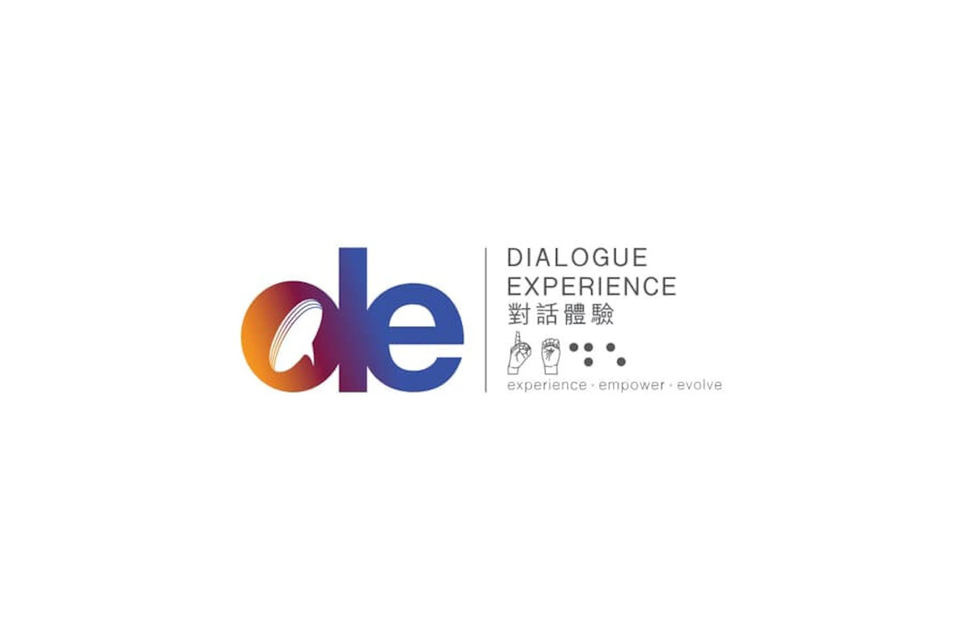 (Logo) A corporate logo for 'Dialogue Experience' featuring a stylized gradient 'de' monogram alongside English and Chinese text, sign language hand shapes, and braille. Text: de DIALOGUE EXPERIENCE 對話體驗 experience · empower · evolve Colors: #E25B26, #2C3E8B, #FFFFFF Note: The image displays a stylized brand icon accompanied by a company name and tagline on a plain background.