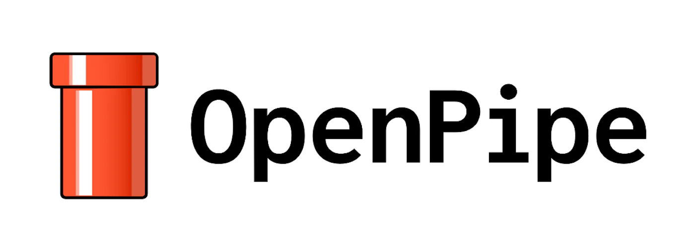 (Logo) A logo featuring a stylized red pipe icon positioned to the left of the black text 'OpenPipe', all set against a clean white background. Text: OpenPipe Colors: #000000, #E63900, #FFFFFF Note: The image consists of a graphic element (a pipe) combined with a distinct brand name ('OpenPipe') in a clear, concise design, which is characteristic of a corporate or product logo.