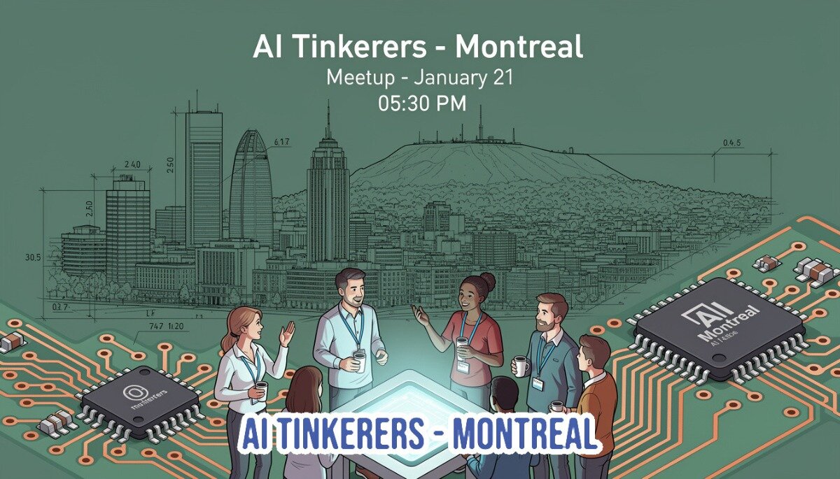 A promotional banner for the 'AI Tinkerers - Montreal' meetup, featuring a digital illustration of professionals networking against a backdrop of the Montreal skyline rendered in a technical blueprint style and overlaid on a circuit board pattern.. Text: AI Tinkerers - Montreal
Meetup - January 21
05:30 PM
AI TINKERERS - MONTREAL
AI Montreal AI 1804
tinkerers
2.40
2.50
30.5
6.17
0.45
747 1:20
017
LF