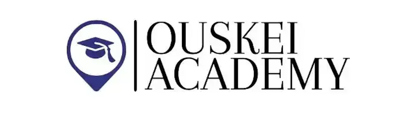 (Logo) The image shows a logo for 'OUSKEI ACADEMY' featuring a blue location pin icon with a graduation cap inside, followed by the brand name in a serif font. Text: OUSKEI ACADEMY Colors: #333388, #000000, #FFFFFF Note: The image is a brand mark consisting of a unique graphic symbol and stylized text used for institutional identification.