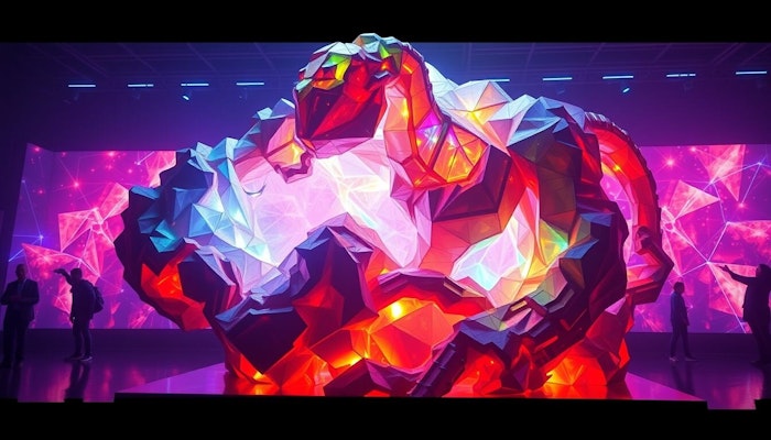 A large, colorful, geometric sculpture is displayed in a darkened room, illuminated from within and by spotlights.  People are silhouetted in the foreground, interacting with projected images on the walls.