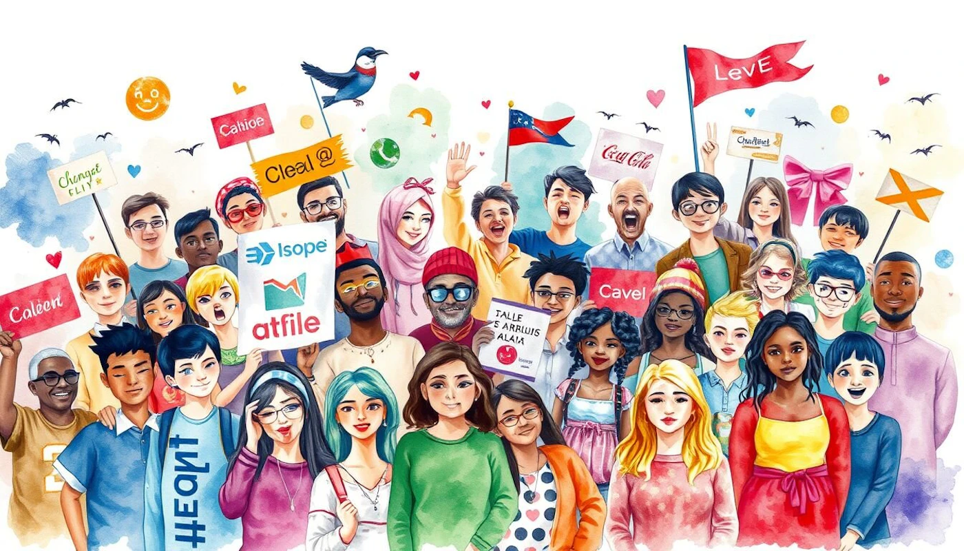 (Illustration) An illustration of a diverse group of people holding signs and flags, seemingly representing different brands or companies. Text: Caleert Chenget FLIY Cahioe Cleal@ Isope atfile TALLE SARRIUIS ALAM Coca Cola Cavel Leve ChatBird 2D Note: The image is a drawing of people and text, not a photograph. It's stylized and represents brands, making "illustration" the most suitable category.
