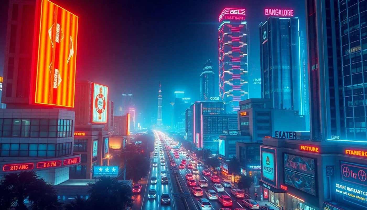 (Illustration) A vibrant, futuristic cityscape at night, illuminated by neon signs and lights on buildings and traffic. Text: STRATE (212 ANG 547MM *** Cas THAITHANEL BANGALORE COOD ANA A EKATER OVE PATITURE STANERO SEMIRI RAPITACT CO 3D | Colors: #FF0000, #00FFFF, #FF00FF Note: The image appears to be a digitally created illustration of a cityscape, with a stylized and futuristic aesthetic.