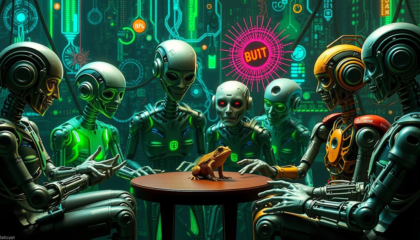 (Illustration) Several robots are gathered around a table with a frog on it in a technologically advanced setting. Text: BUTT 8% FC 631 DAX 2042 8110 3D | Colors: #00FF00, #FFA500, #808080 Note: The image is a digitally created artwork depicting a scene with robots and a frog, making it an illustration.