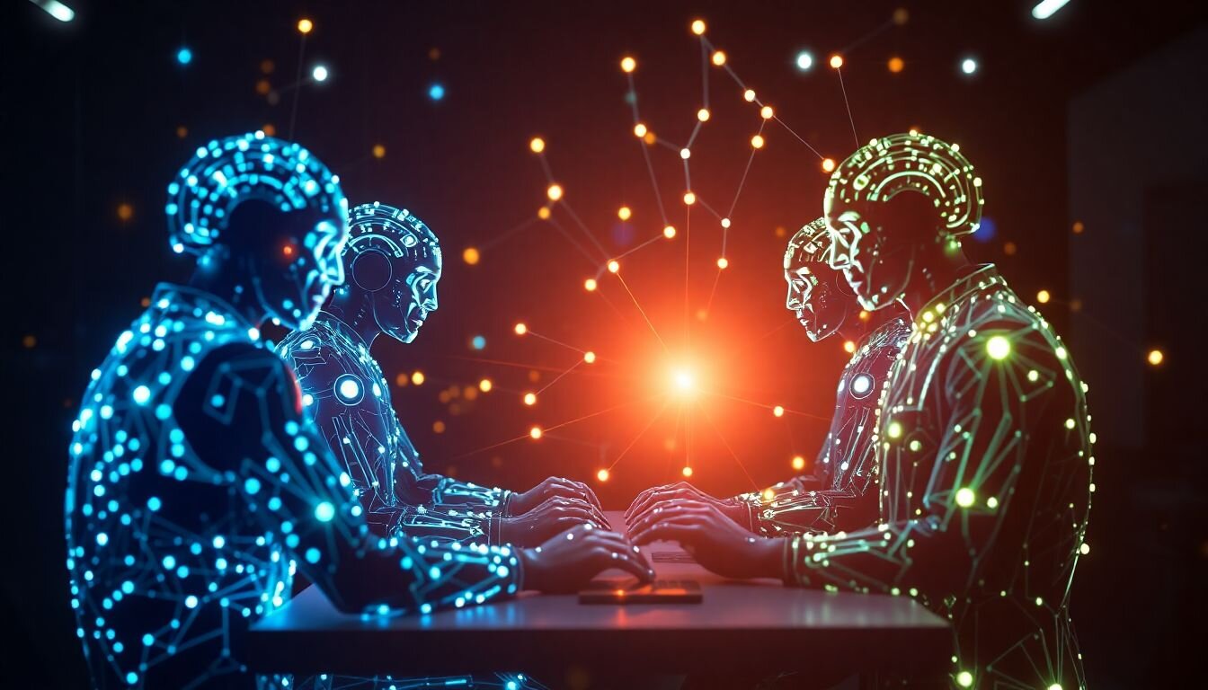 An illustration of three wireframe figures, resembling robots or AI, interacting across a table.