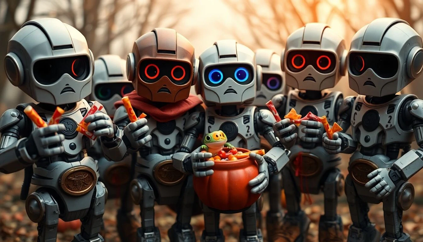 (Illustration) A group of small, stylized robots stand together, some holding snacks and one holding a pumpkin-shaped container with candy and a small frog inside. 3D | Colors: #A0A0A0, #8B4513, #FF8C00, #008000 Note: The image depicts stylized robotic characters in a whimsical setting, clearly an artistic creation rather than a photograph or other type of image.