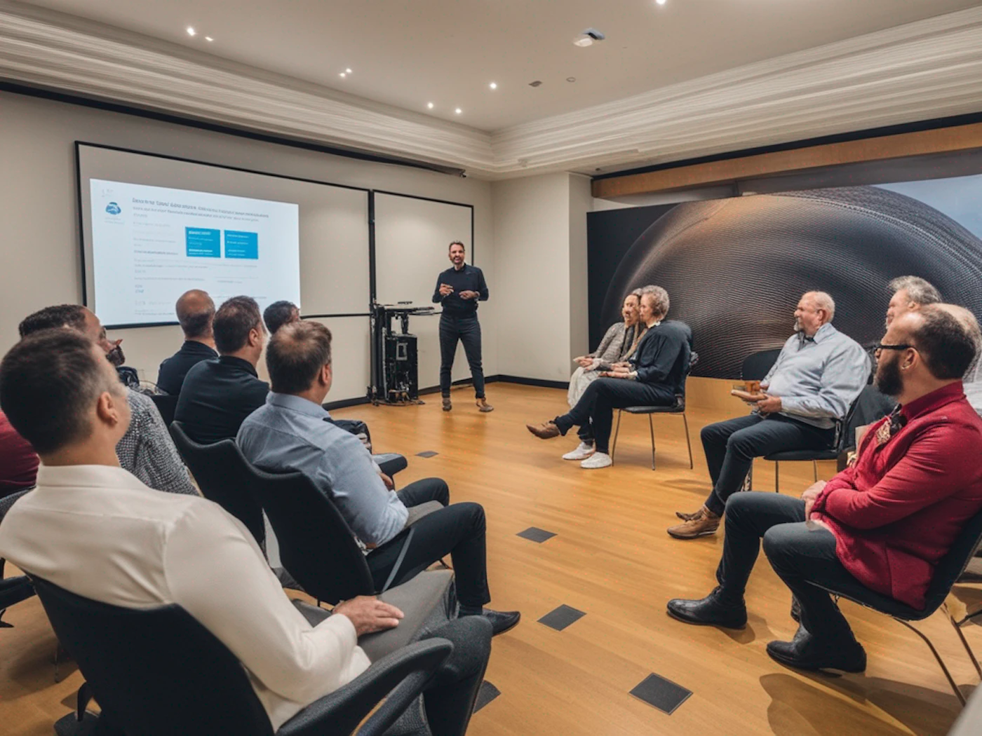 (Photo) A group of people are seated in chairs, watching a presentation by a man standing in front of a projection screen. Text: Securing Cloud Native Microservices Applications with Confidential Computing people | indoor | presentation, meeting room, audience | candid Note: The image is a real-life captured moment of a presentation, depicting people in a meeting room. This clearly falls under the category of a photograph.