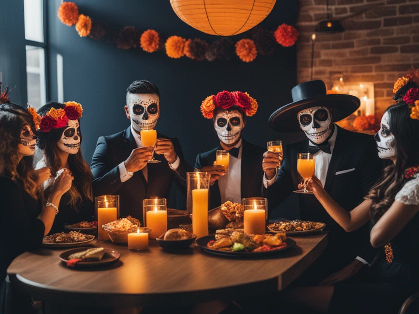 (Photo) A group of people wearing skull face paint and formal attire are seated around a table, raising glasses of orange liquid in a toast.  They appear to be celebrating Dia de los Muertos. people | indoor | Dia de los Muertos celebration, costumes, face paint, festive meal | candid | Colors: #ff8c00, #000000, #ffffff, #f0a000 Note: This is a photograph capturing a real-life scene of people dressed up and celebrating. It depicts a cultural event with costumes and traditional elements.