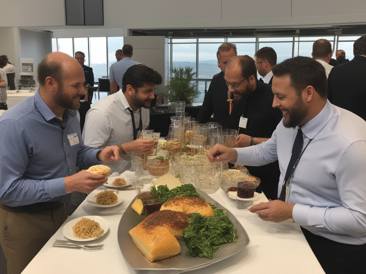 (Photo) A group of men are gathered around a table with a variety of food items, appearing to be at a catered event or buffet. people | indoor | food, group of people, event | candid Note: This is a real-life captured image of people and food, indicative of a photograph.  It's not a staged advertisement, logo, or other created graphic.
