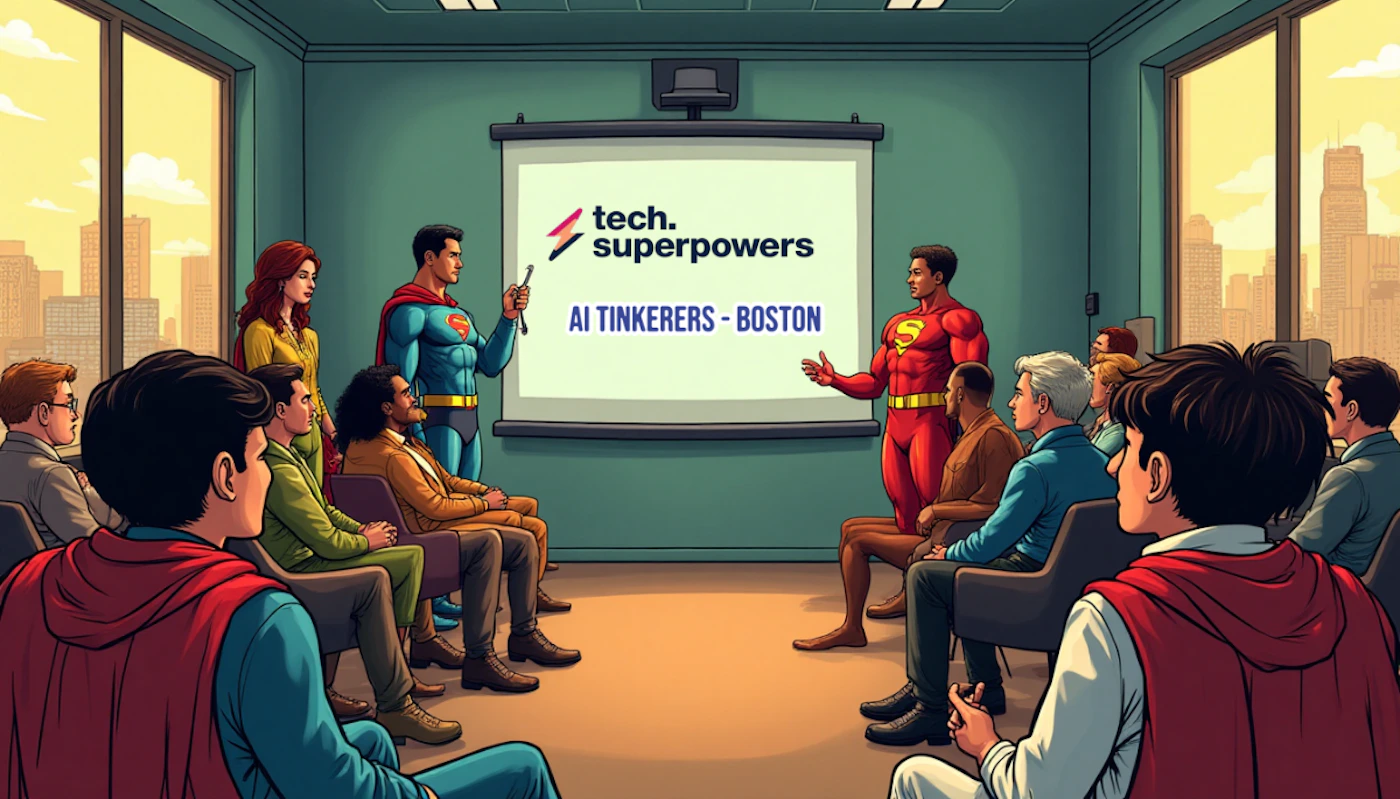 (Illustration) A vibrant cartoon-style illustration depicts a diverse group of people, including two individuals dressed as superheroes, attending a presentation in a meeting room. A projector screen at the front displays a logo for 'tech. superpowers' and the text 'AI TINKERERS - BOSTON', with a city skyline visible through large windows in the background. Text: tech. superpowers AI TINKERERS - BOSTON flat, line-art | Colors: #438D8B, #007BFF, #DC3545, #FFC107, #343A40 Note: The image is a stylized drawing with clear lines, bold colors, and a non-photorealistic appearance, which are characteristic features of an illustration, specifically in a cartoon or comic book style.