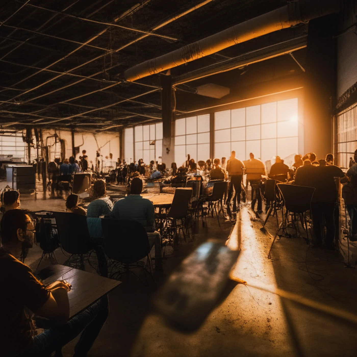 (Photo) A photo of a large, open industrial-style space with many people gathered, possibly for a presentation or event. The setting sun is visible through large windows. people | indoor | large group of people, industrial setting, sunset | candid | Colors: #d9a364, #383230, #70645a Note: The image is a realistic depiction of a scene with people and a setting, captured through photography. It doesn't contain any text or design elements that would suggest it's a logo, banner, illustration, or handwriting.