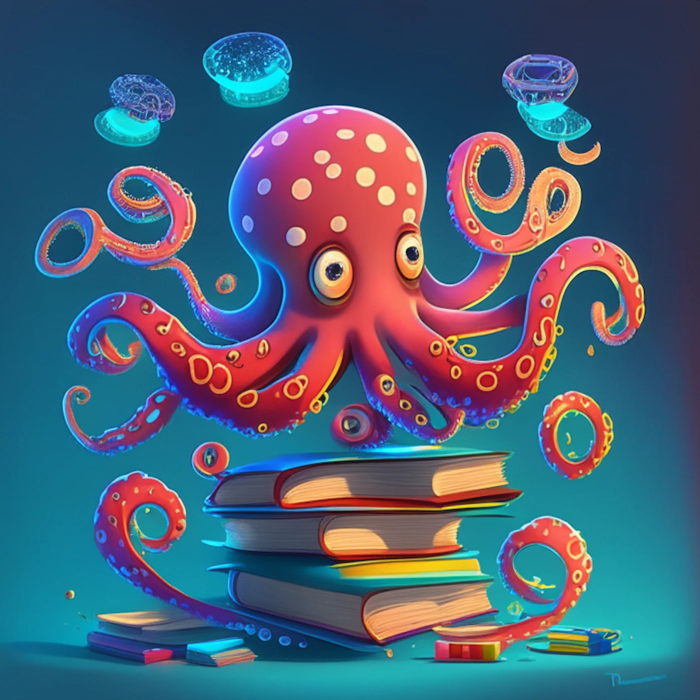 (Illustration) An illustration of a playful pink octopus hovering over a stack of books, with its tentacles swirling around and some small, floating objects above it. 3D Note: The image is a digitally created artwork depicting a fantastical scene, clearly falling into the illustration category.
