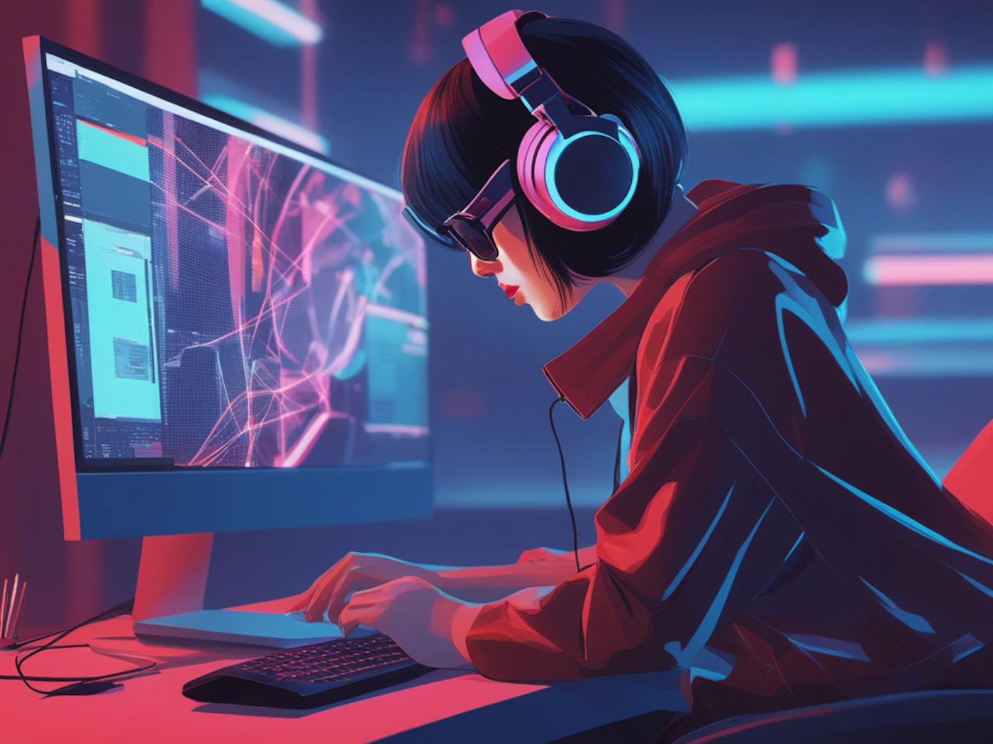 (Illustration) An illustration of a person with headphones working on a computer in a dimly lit room with neon accents. stylized, cyberpunk | Colors: #003eff, #dc0000, #ff6600, #f000ff Note: The image is a stylized drawing, not a photograph, and depicts a scene rather than a single object like a logo or banner. It has a clear artistic style and color palette.