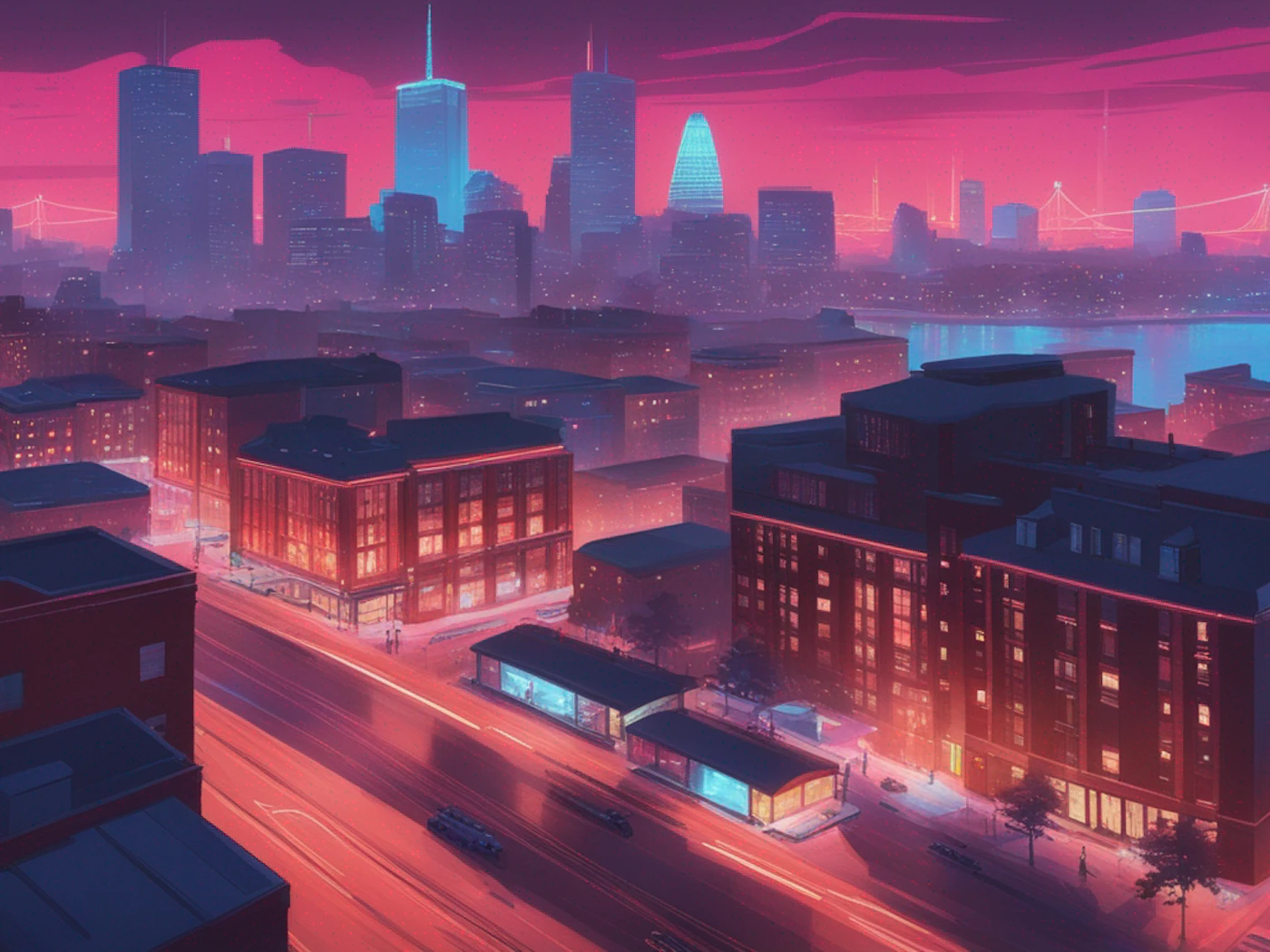 (Illustration) An illustration of a cityscape at night, with glowing pink and purple hues.  Buildings line a street with traffic trails, and a body of water is visible in the background. 3D | Colors: #FF69B4, #8A2BE2, #DA70D6 Note: The image is a stylized, artistic depiction of a city scene, indicating it is an illustration rather than a photo. The use of color and perspective suggests a deliberate artistic choice.