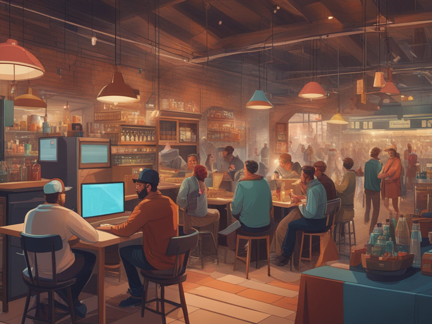 (Illustration) An illustration of a bustling indoor market scene with people eating, working on computers, and browsing goods. realistic, slightly stylized | Colors: #A0522D, #4B79A1, #D95F0E, #79A8A9 Note: The image is a stylized depiction of a market scene, with a clear artistic intent and not a real photograph.  It is an illustration, likely created digitally.